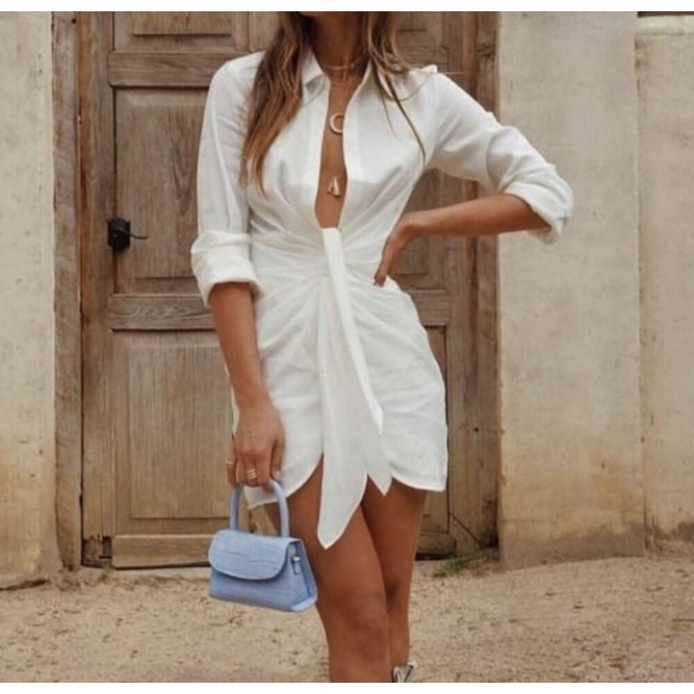 Choosy Long Sleeve Collared Ruched Mini Shirt Dress White Women's Size 18 NWT